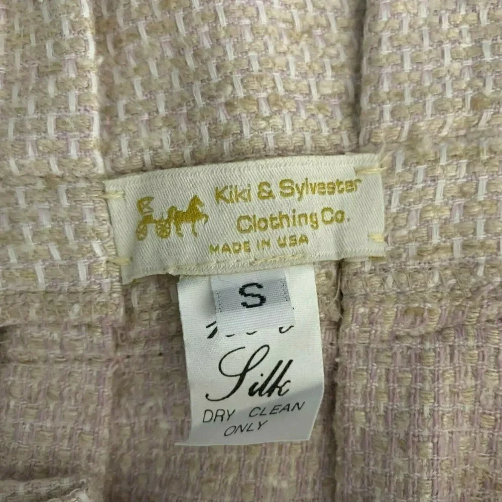 Vintage Silk Paper Bag Waist Mini Skirt S Beige Tie Waist Zip Pockets Pleated